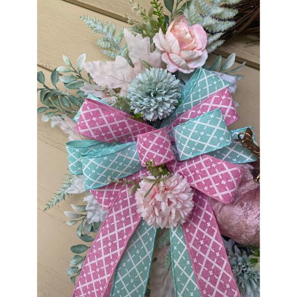 Pink & Mint Green Fall Grapevine Wreath Velvet Pumpkin, Roses, Bow Elegant Decor - Picture 6 of 9